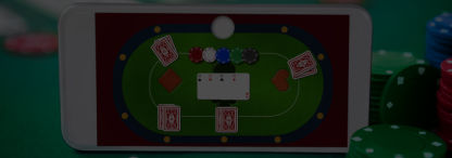 a virtual poker table showing on a smartphone. the table is green and the background is brown. Four people are playing.