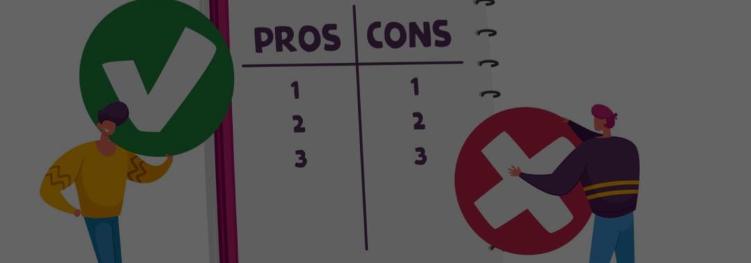 An illustration of two male characters adding ticks and crosses under the pros and cons columns in a giant notebook on white